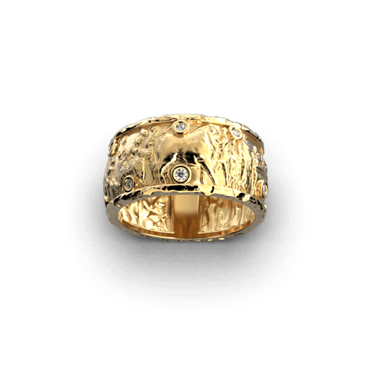 Ancient Roman Style gold band with natural diamonds, made in Italy by Oltremare Gioielli