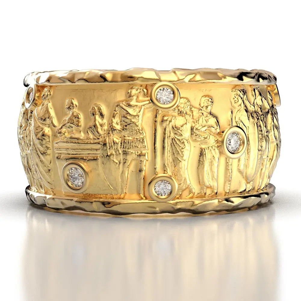 Ancient Roman Style gold band with natural diamonds, made in Italy by Oltremare Gioielli