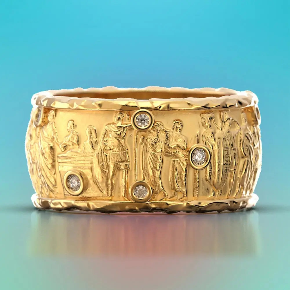 Ancient Roman Style gold band with natural diamonds, made in Italy by Oltremare Gioielli