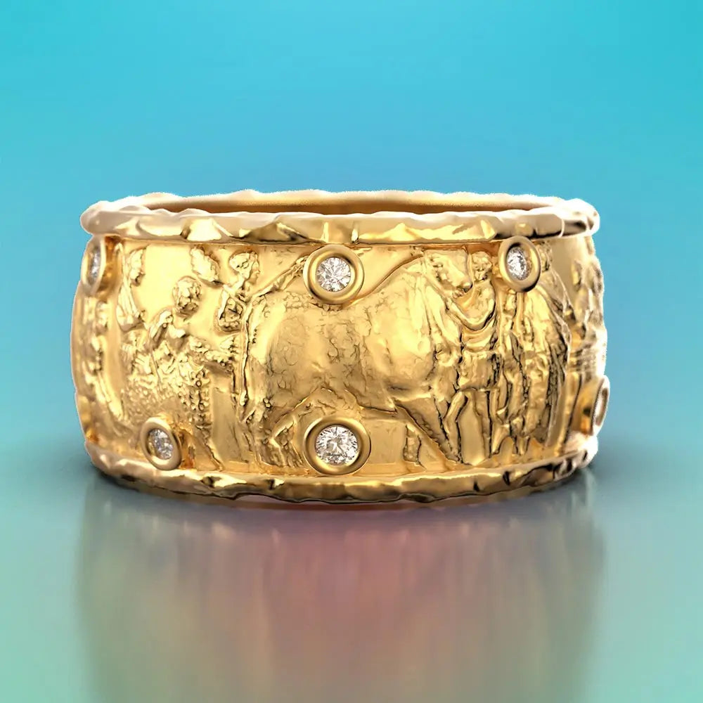 Ancient Roman Style gold band with natural diamonds, made in Italy by Oltremare Gioielli