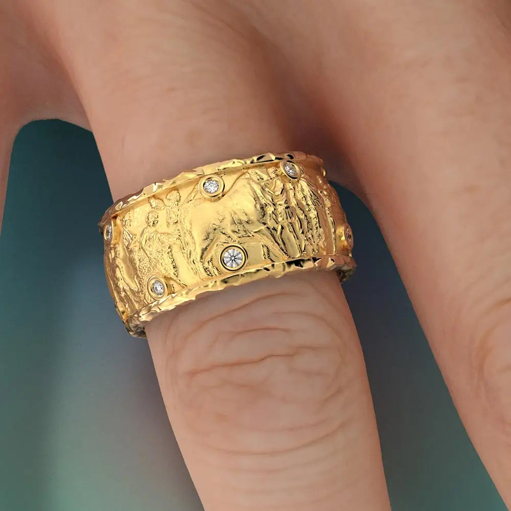 Ancient Roman Style gold band with natural diamonds, made in Italy by Oltremare Gioielli