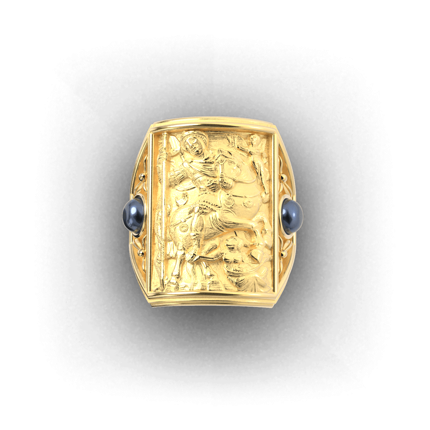 Gold ring with cabochon sapphires and Byzantine-style relief sculpture, featuring intricate details and a regal design.