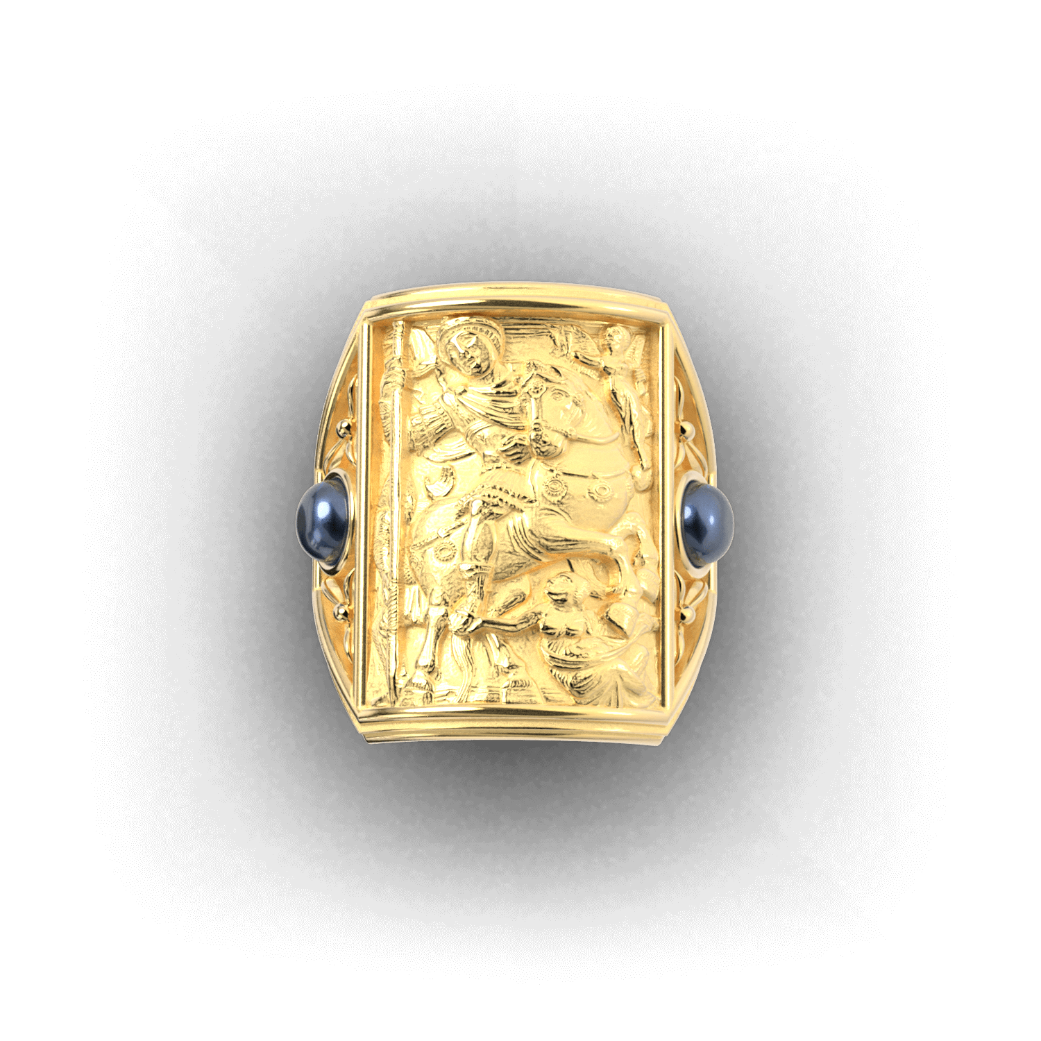 Gold ring with cabochon sapphires and Byzantine-style relief sculpture, featuring intricate details and a regal design.