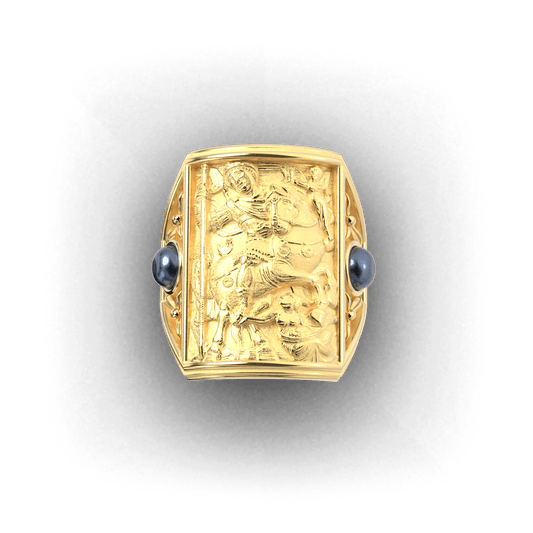 Gold ring with cabochon sapphires and Byzantine-style relief sculpture, featuring intricate details and a regal design.