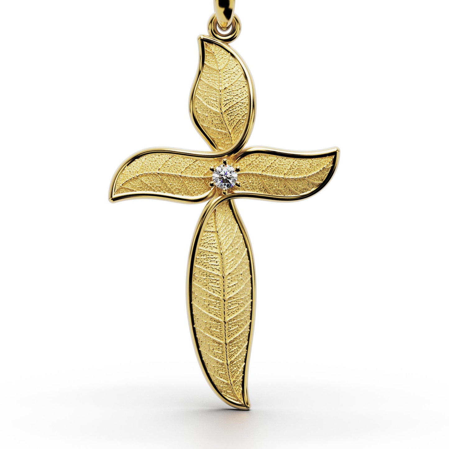 Leaf shaped nature inspired gold cross pendant necklace with natural diamond