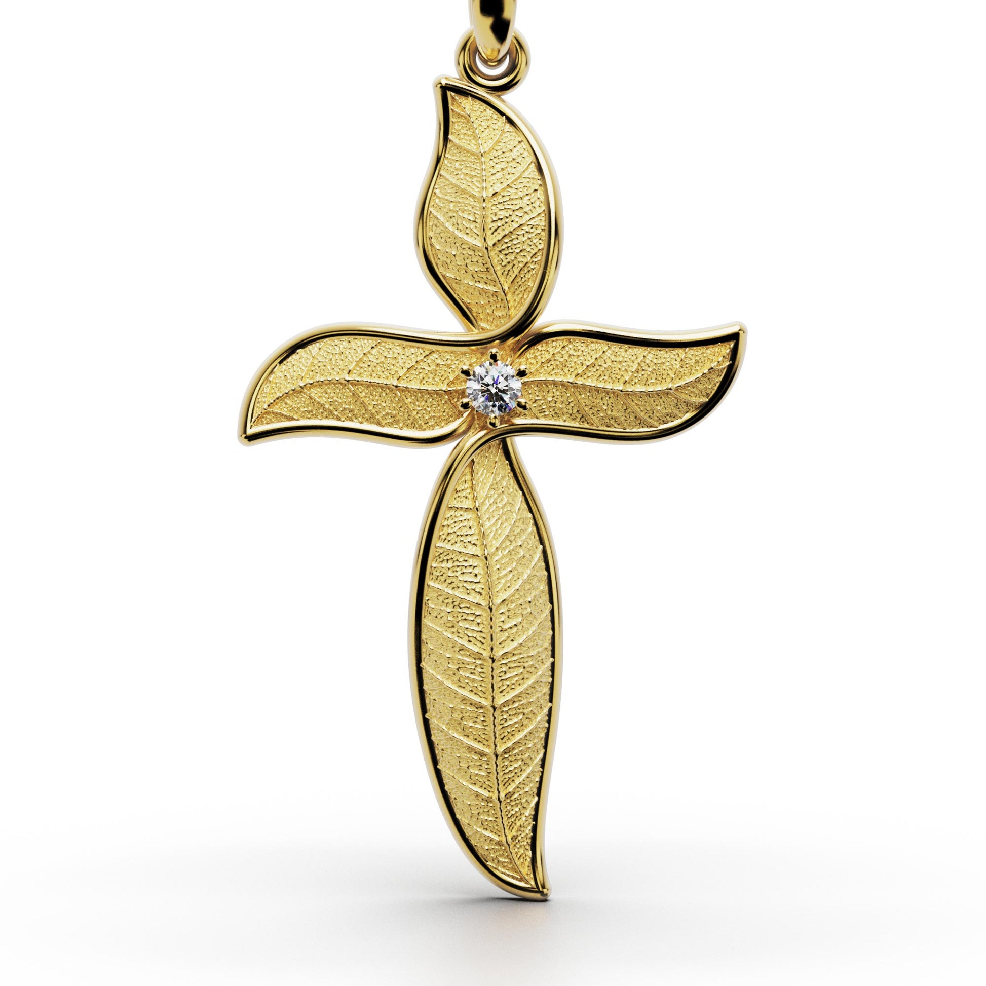 Leaf shaped nature inspired gold cross pendant necklace with natural diamond