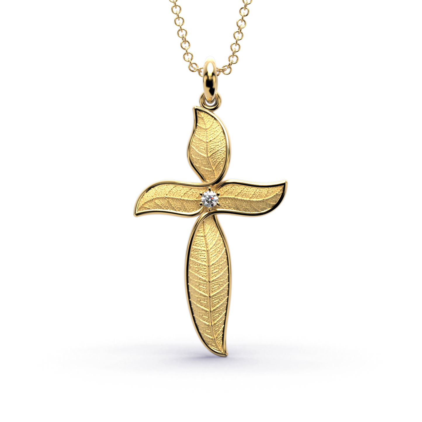 Leaf shaped nature inspired gold cross pendant necklace with natural diamond