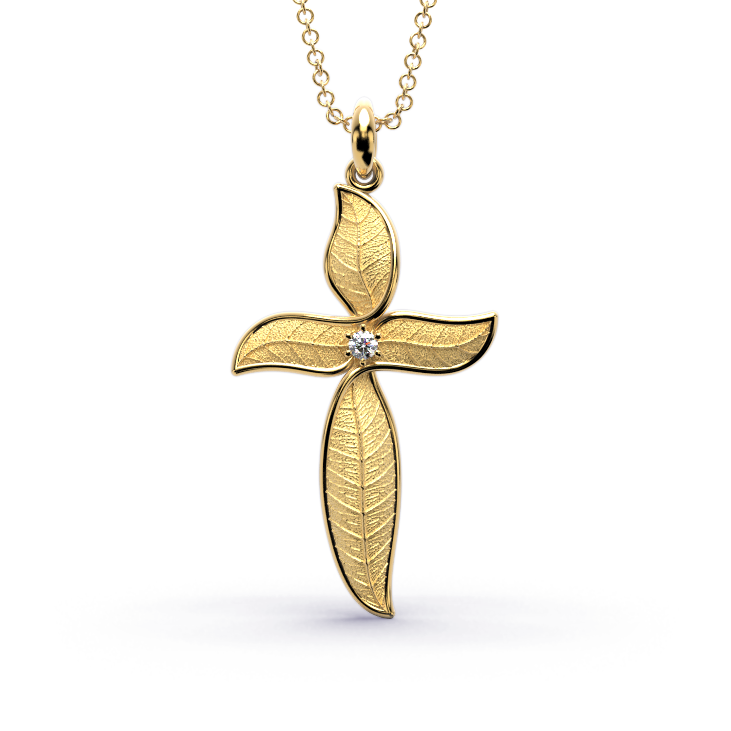 Leaf shaped nature inspired gold cross pendant necklace with natural diamond