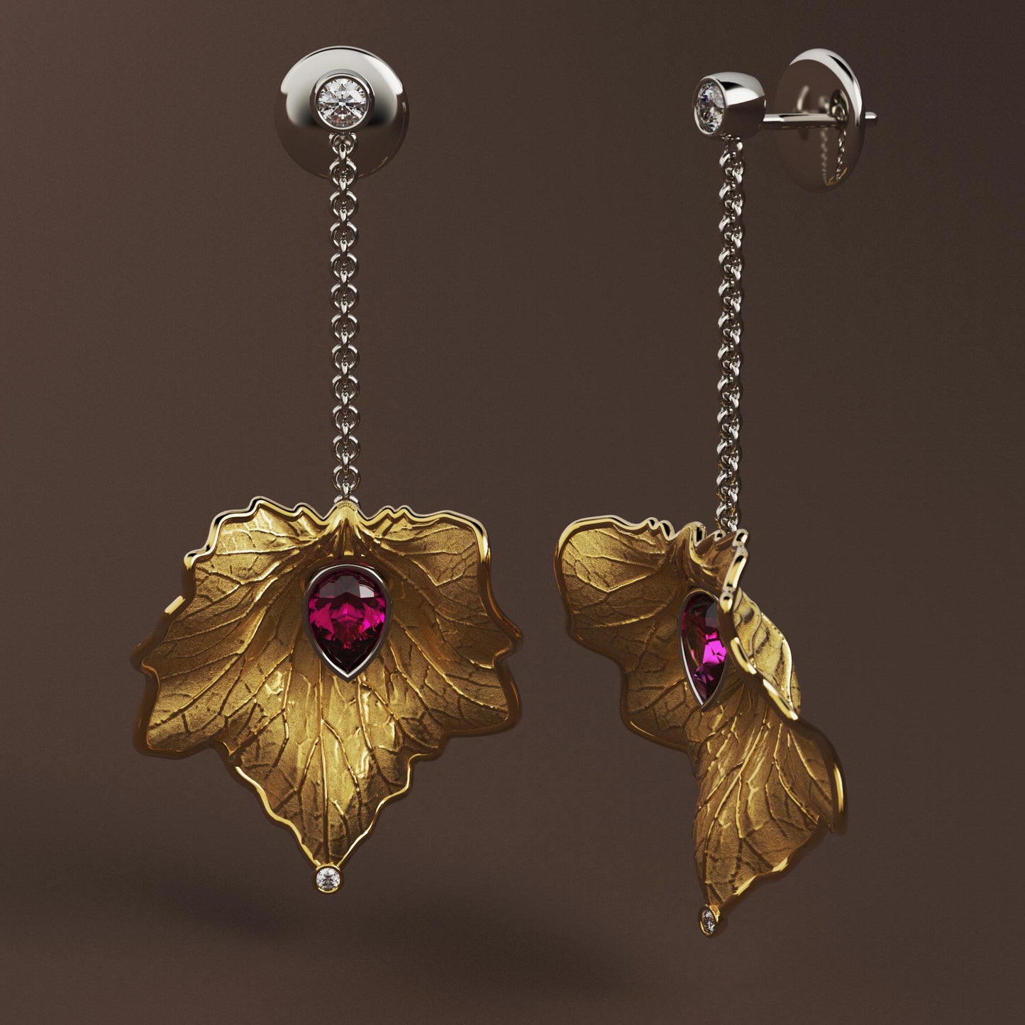 
Italian gold drop earrings with diamond and purple garnet, featuring a detachable chain for multiple styling options.