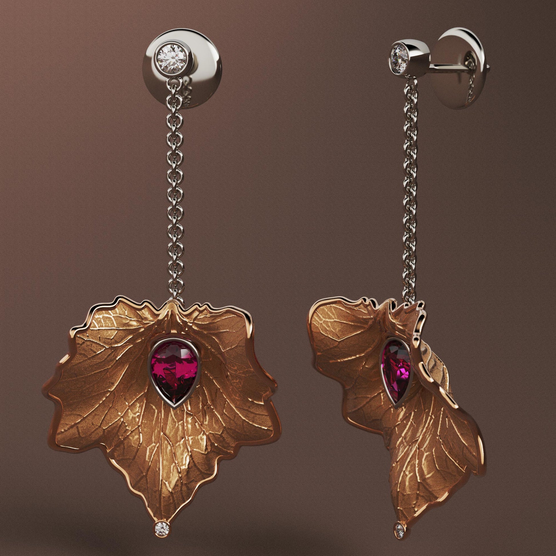 
Italian gold drop earrings with diamond and purple garnet, featuring a detachable chain for multiple styling options.