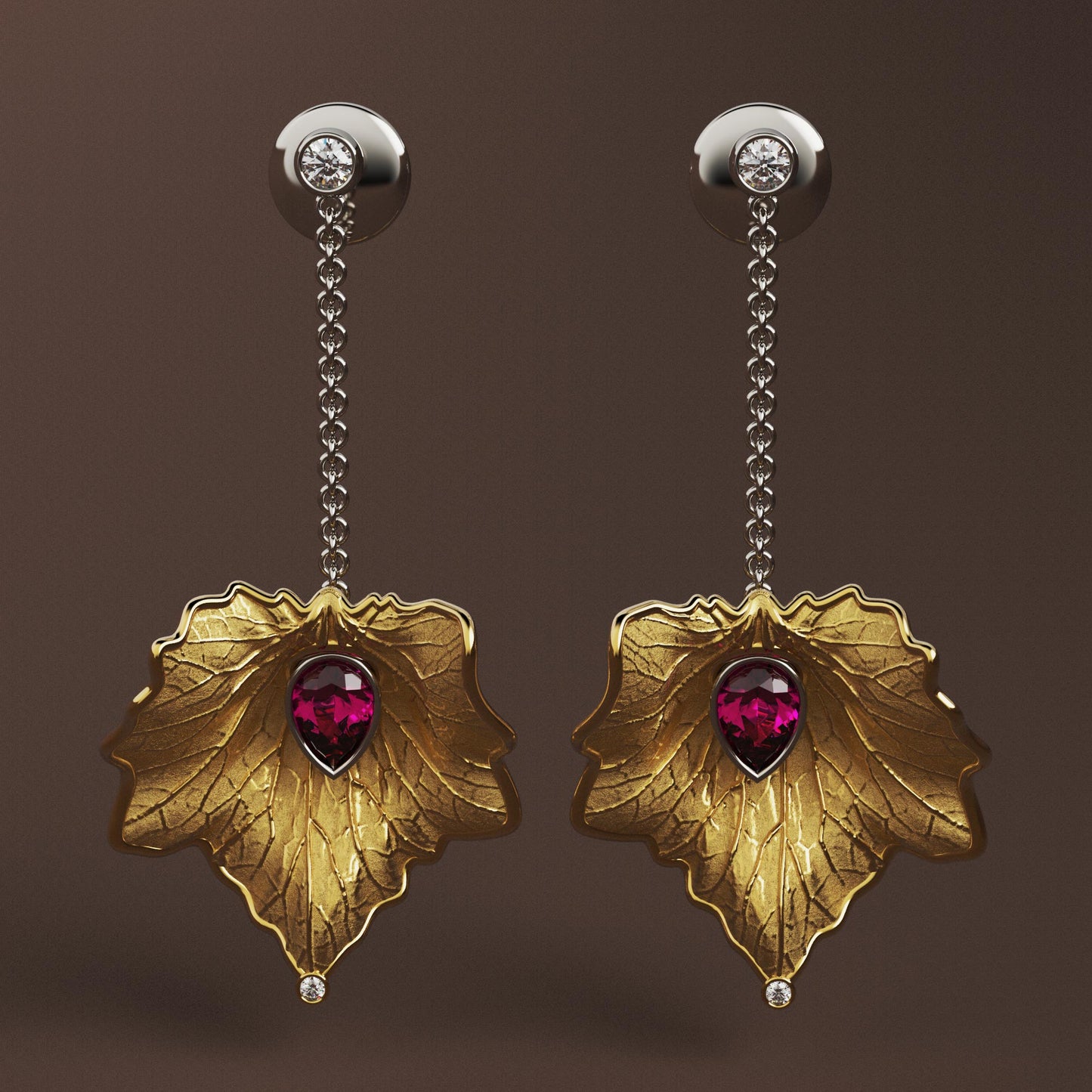 
Italian gold drop earrings with diamond and purple garnet, featuring a detachable chain for multiple styling options.