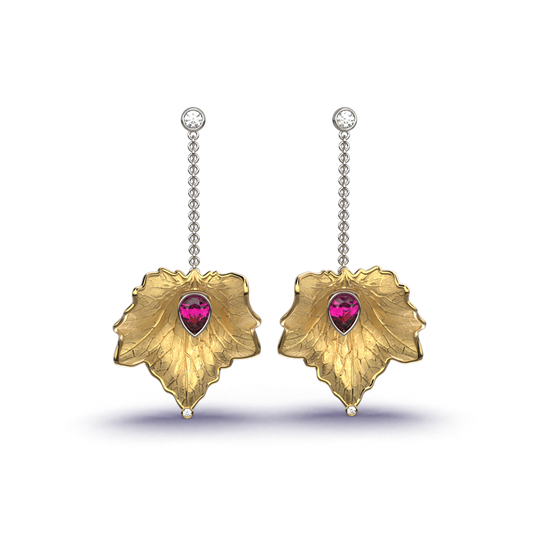 
Italian gold drop earrings with diamond and purple garnet, featuring a detachable chain for multiple styling options.