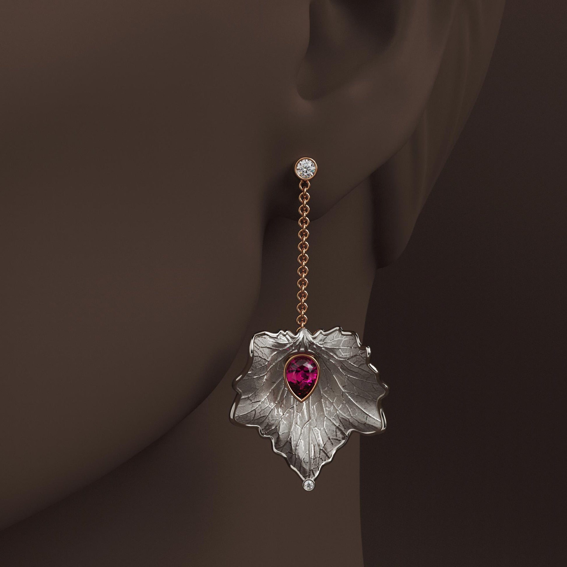 
Italian gold drop earrings with diamond and purple garnet, featuring a detachable chain for multiple styling options.