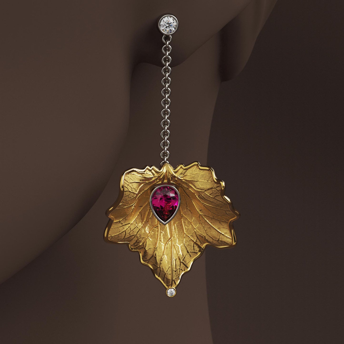 
Italian gold drop earrings with diamond and purple garnet, featuring a detachable chain for multiple styling options.