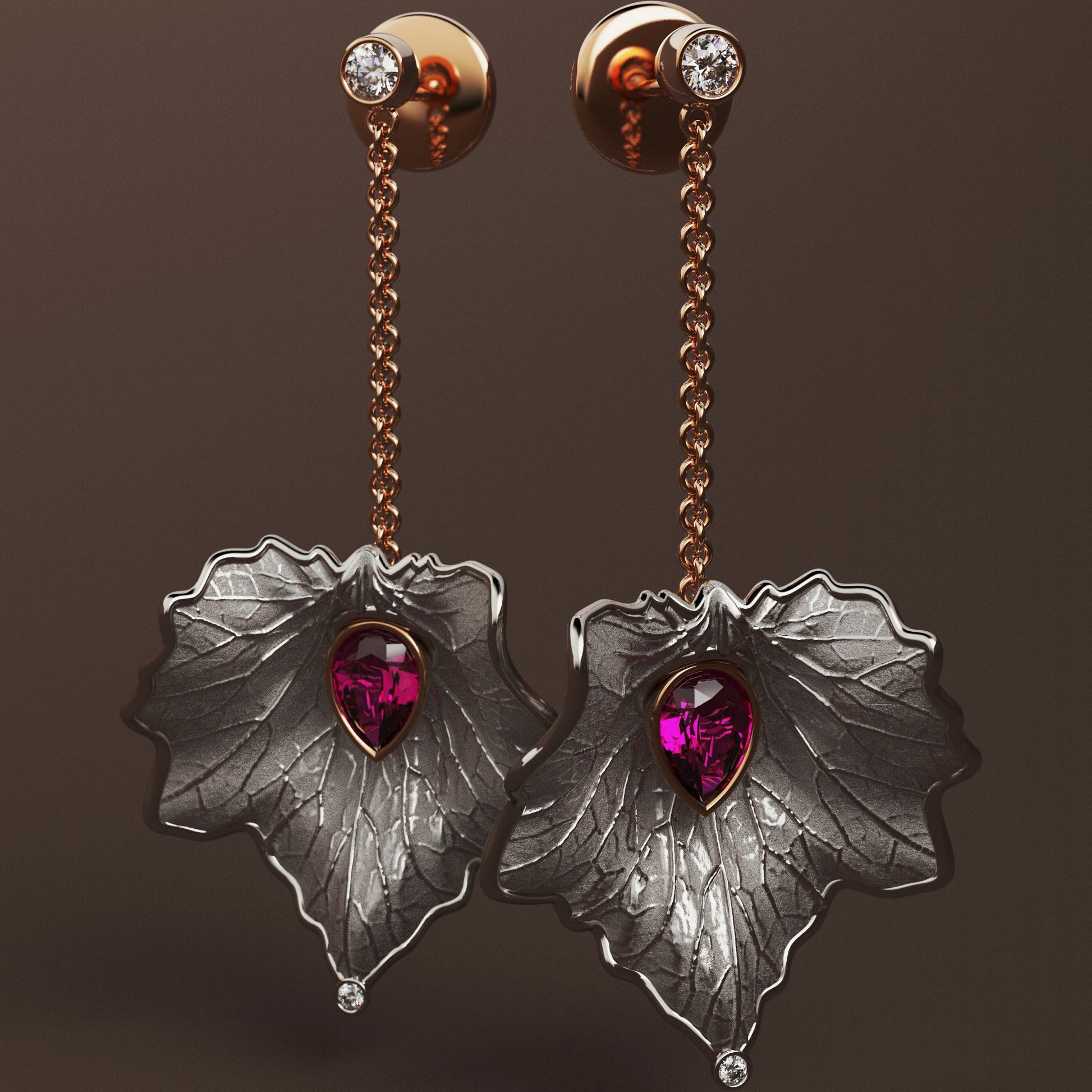 
Italian gold drop earrings with diamond and purple garnet, featuring a detachable chain for multiple styling options.