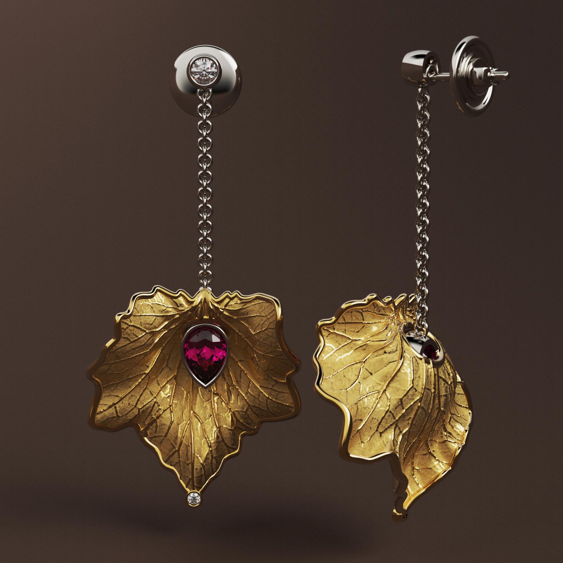 
Italian gold drop earrings with diamond and purple garnet, featuring a detachable chain for multiple styling options.