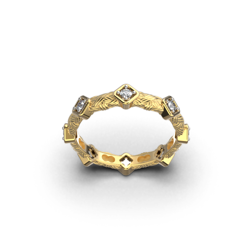 Italian gold diamond band with eight diamonds and interwoven decoration on the shank, made in Italy in 14k or 18k gold by Oltremare Gioielli.