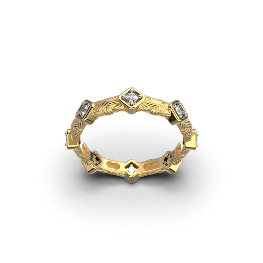 Italian gold diamond band with eight diamonds and interwoven decoration on the shank, made in Italy in 14k or 18k gold by Oltremare Gioielli.