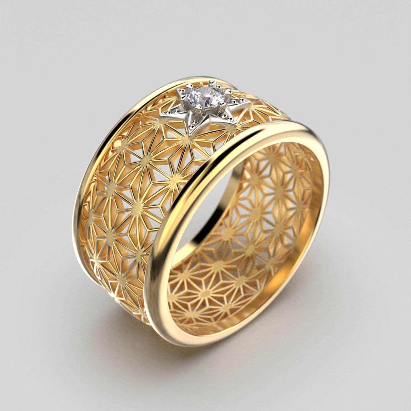 Diamant-Goldring mit Sashiko-Muster