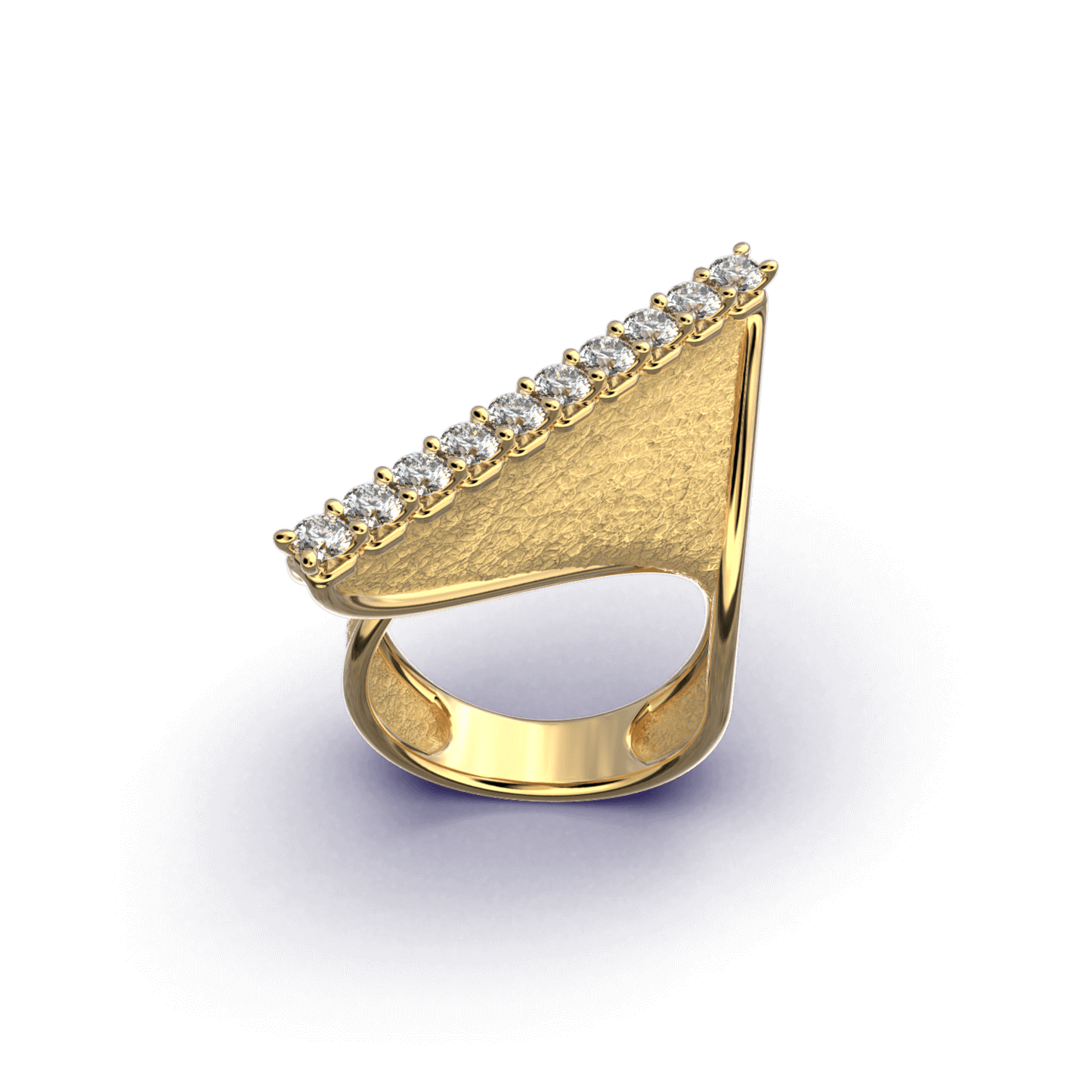 A twisted gold ring with 10 natural diamonds along the top, featuring polished edges and a textured surface. Available in 14k or 18k gold.