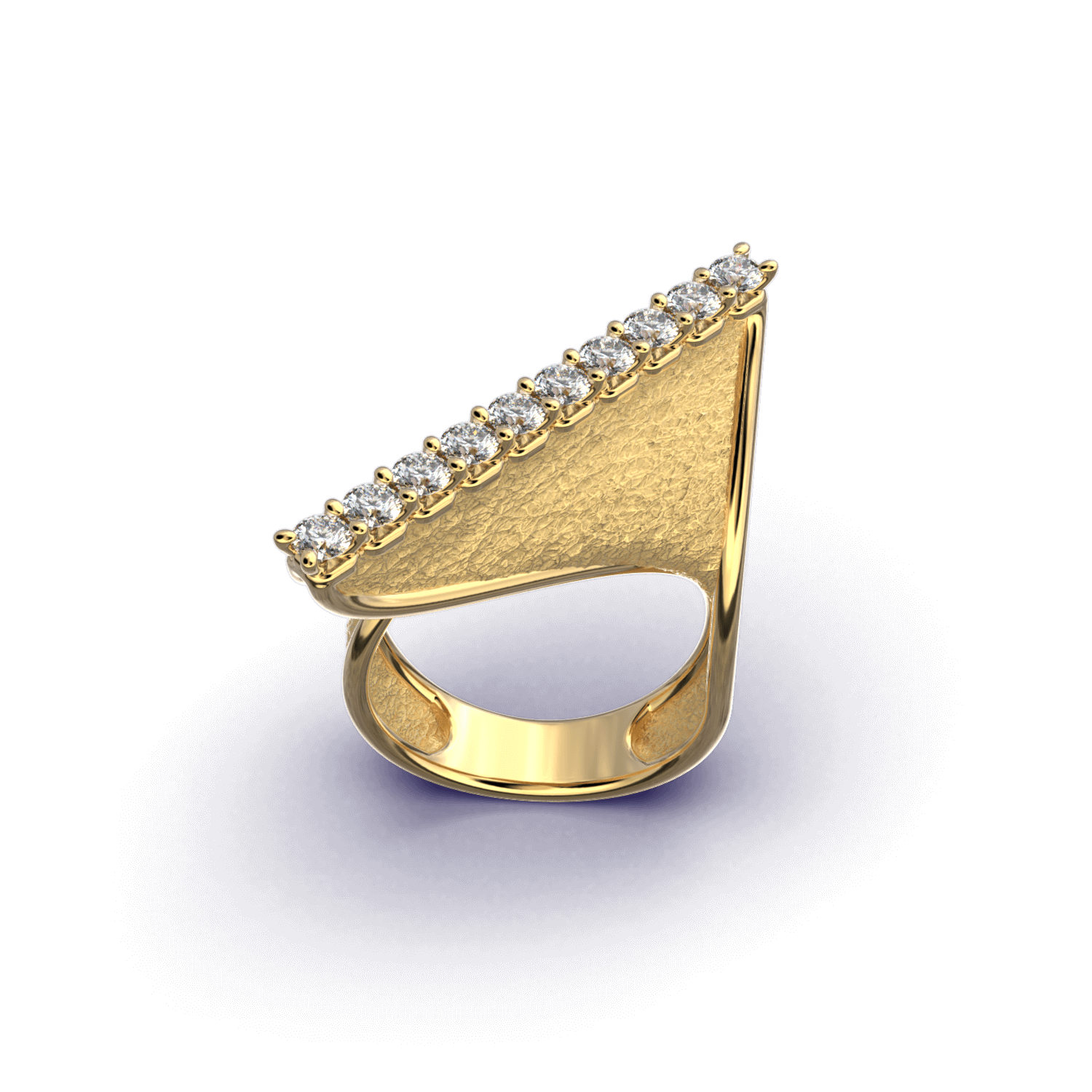 A twisted gold ring with 10 natural diamonds along the top, featuring polished edges and a textured surface. Available in 14k or 18k gold.