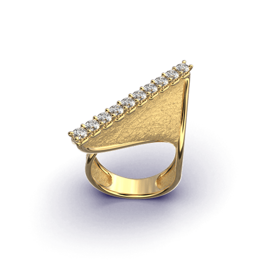 A twisted gold ring with 10 natural diamonds along the top, featuring polished edges and a textured surface. Available in 14k or 18k gold.