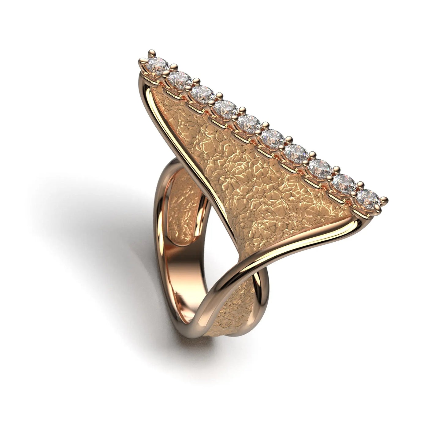 A twisted gold ring with 10 natural diamonds along the top, featuring polished edges and a textured surface. Available in 14k or 18k gold.