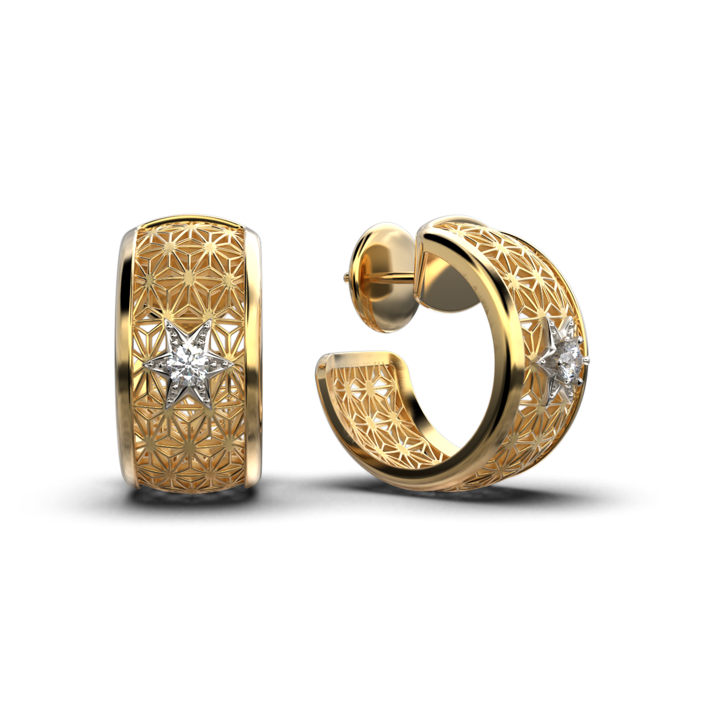 diamond gold hoop earrings made in italy, Sashiko japanese pattern gold hoops in 14k or 18k solid gold , 0.2 Ct of natural diamonds