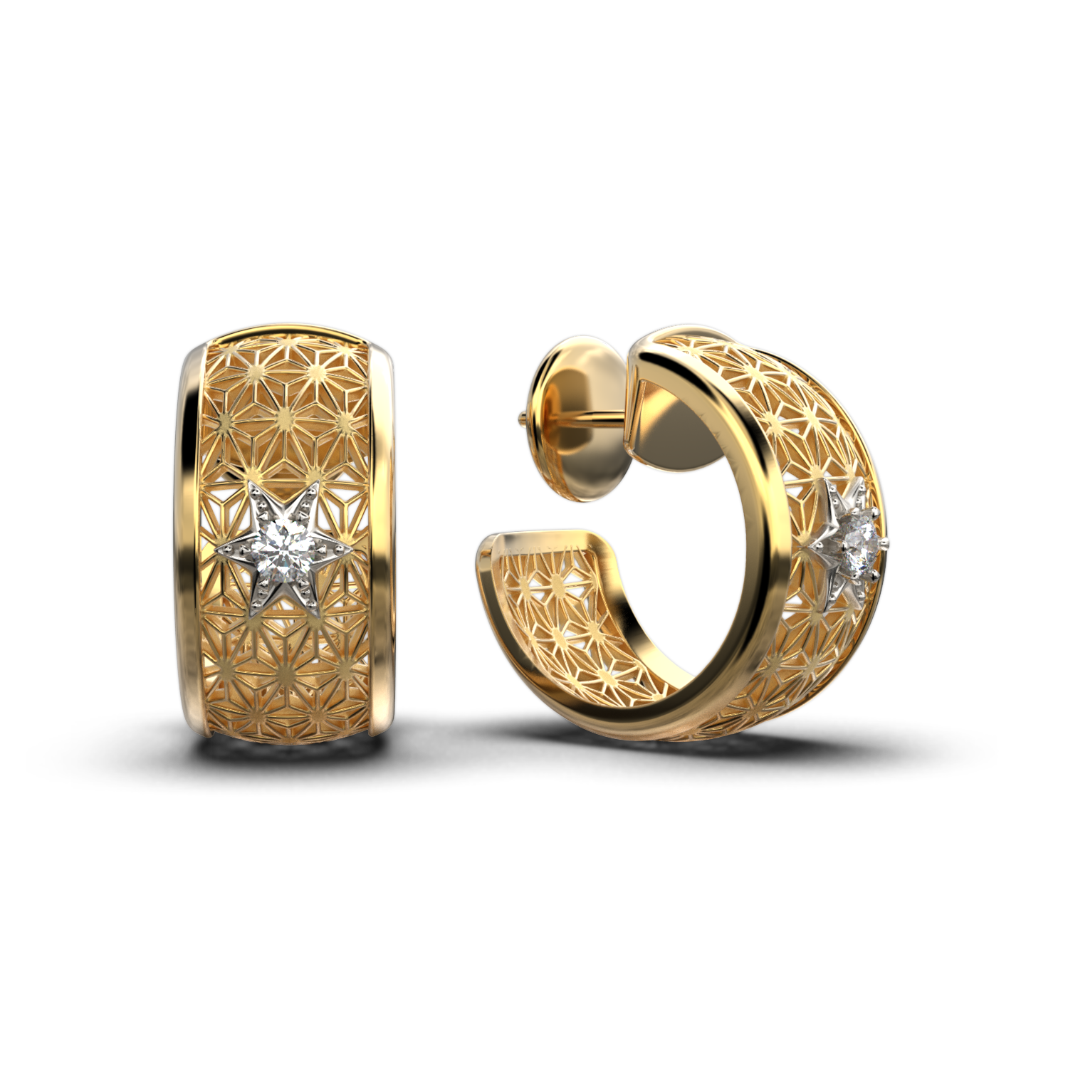 diamond gold hoop earrings made in italy, Sashiko japanese pattern gold hoops in 14k or 18k solid gold , 0.2 Ct of natural diamonds