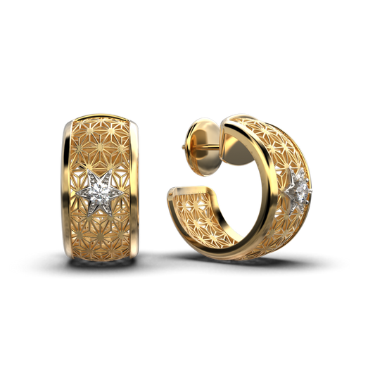 diamond gold hoop earrings made in italy, Sashiko japanese pattern gold hoops in 14k or 18k solid gold , 0.2 Ct of natural diamonds