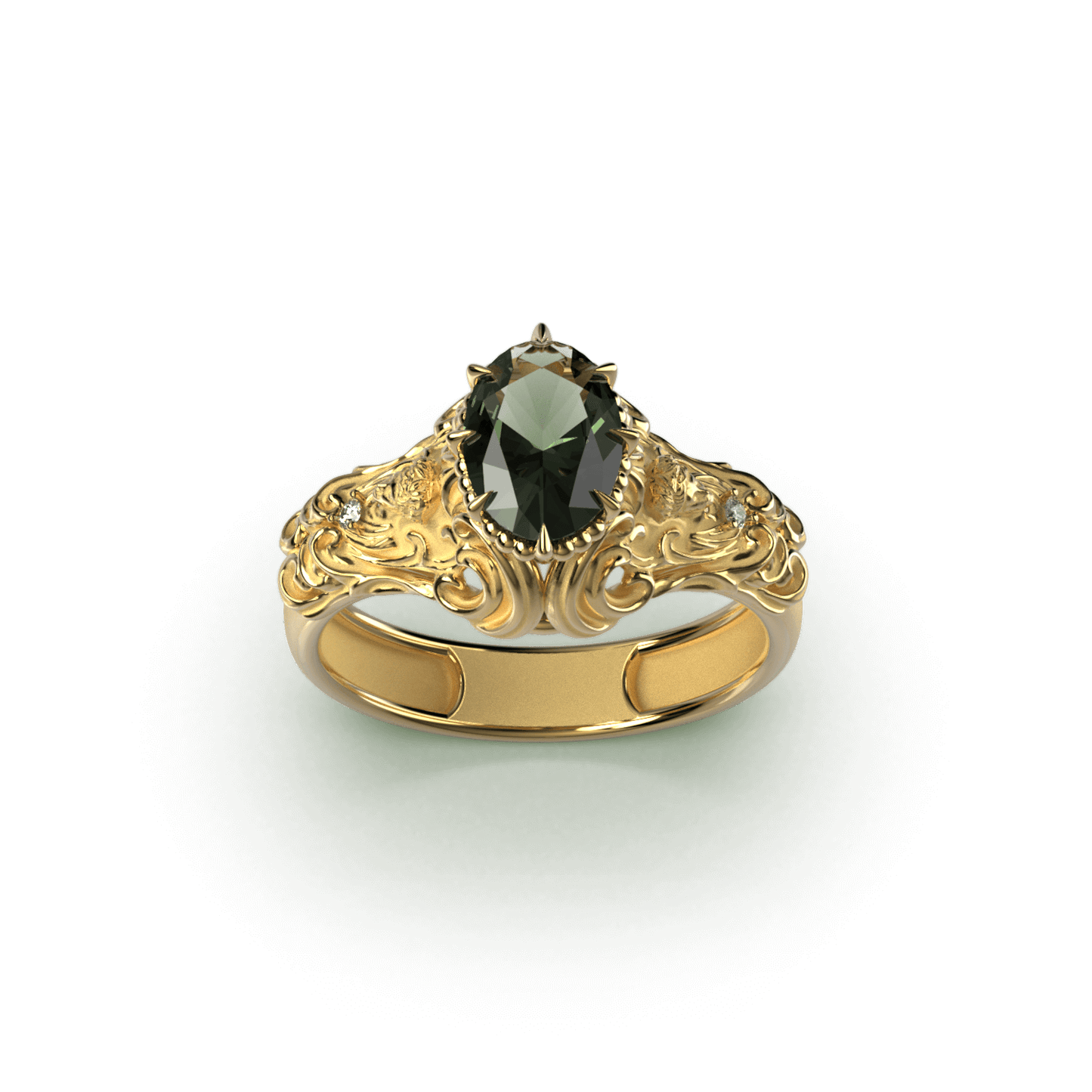 Hand wearing a green sapphire ring in yellow gold, illustrating the ring's fit and the brilliance of the sapphire.