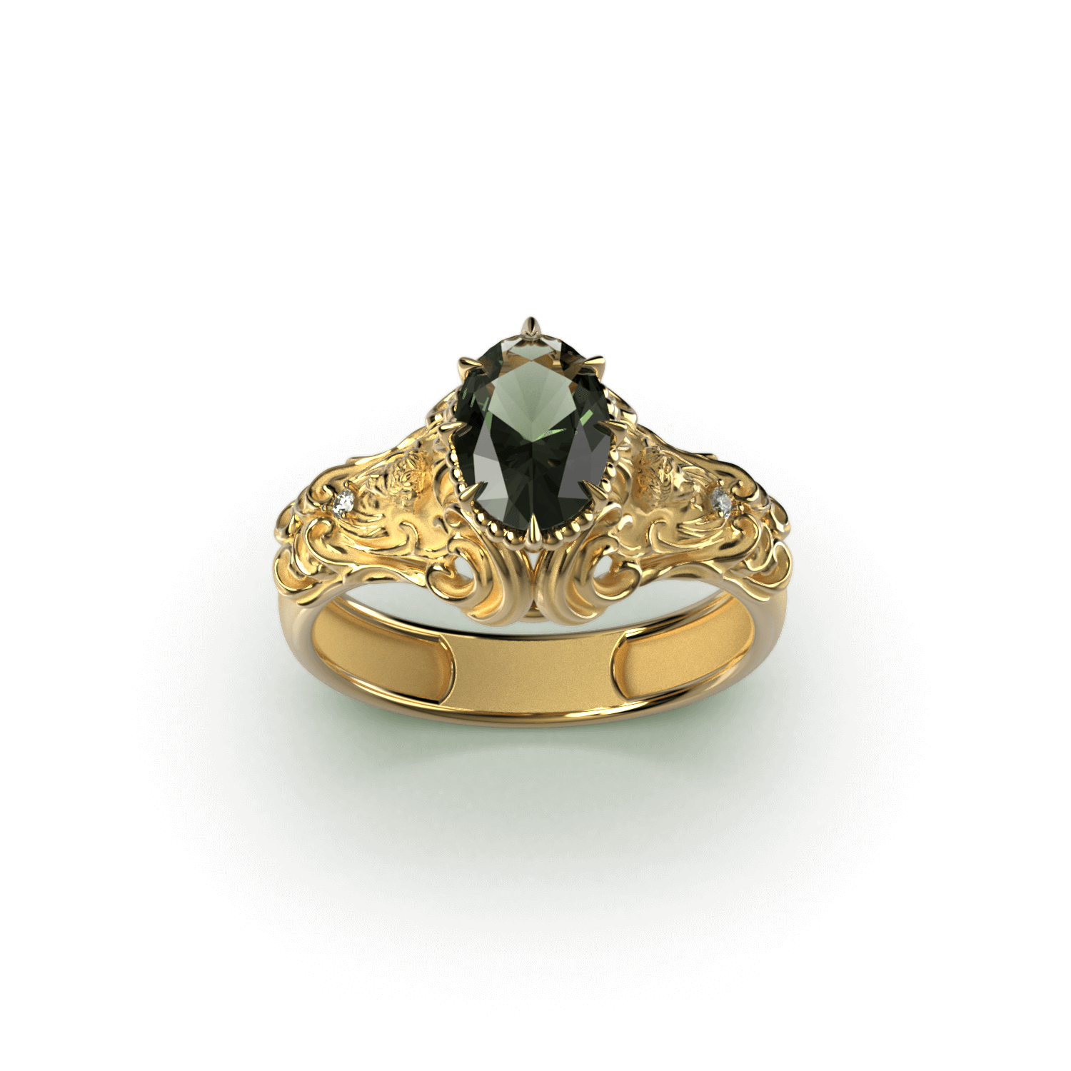 Hand wearing a green sapphire ring in yellow gold, illustrating the ring's fit and the brilliance of the sapphire.