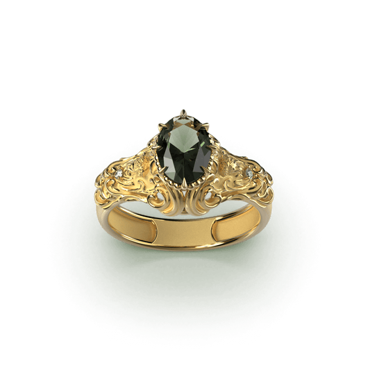 Hand wearing a green sapphire ring in yellow gold, illustrating the ring's fit and the brilliance of the sapphire.