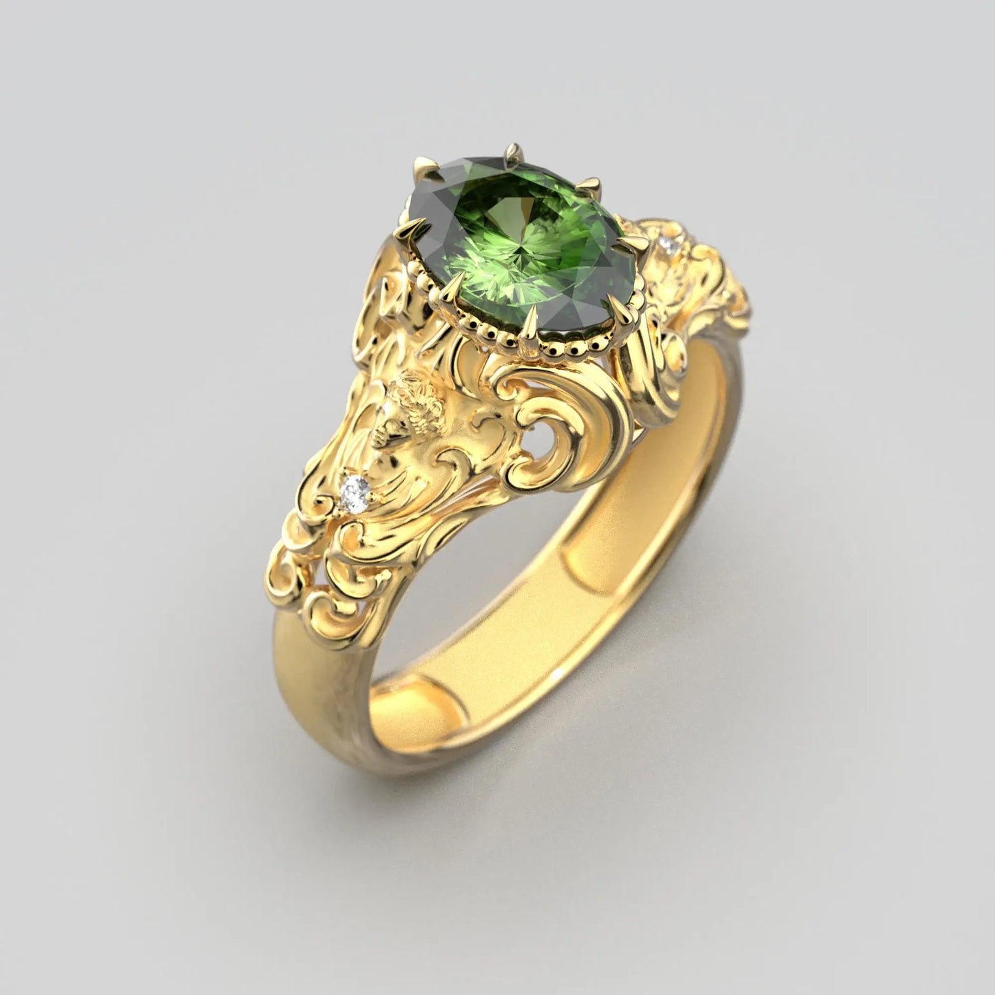 Green sapphire engagement ring in baroque style , made in Italy