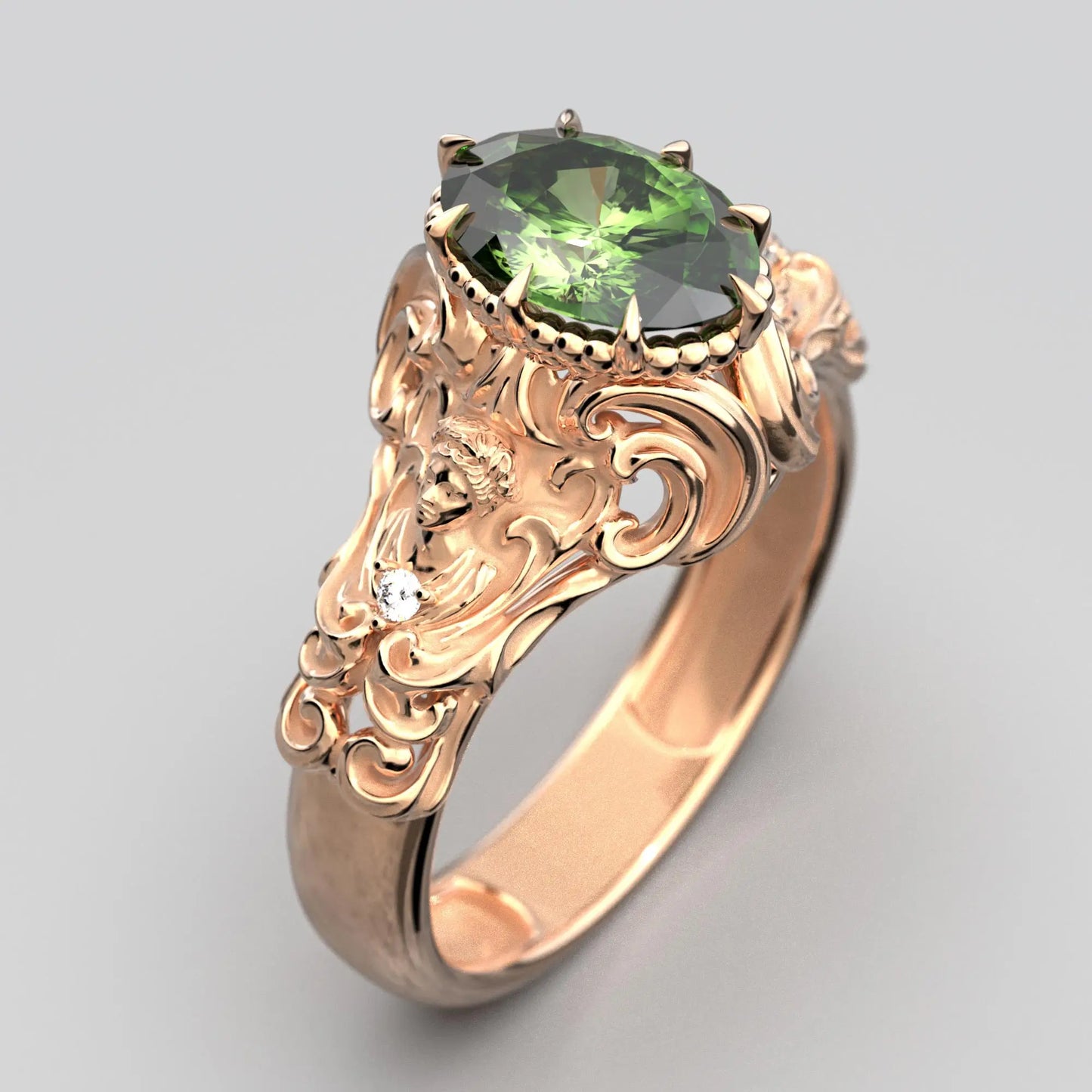 Green sapphire ring in rose gold, illustrating the ring's fit and the brilliance of the sapphire.