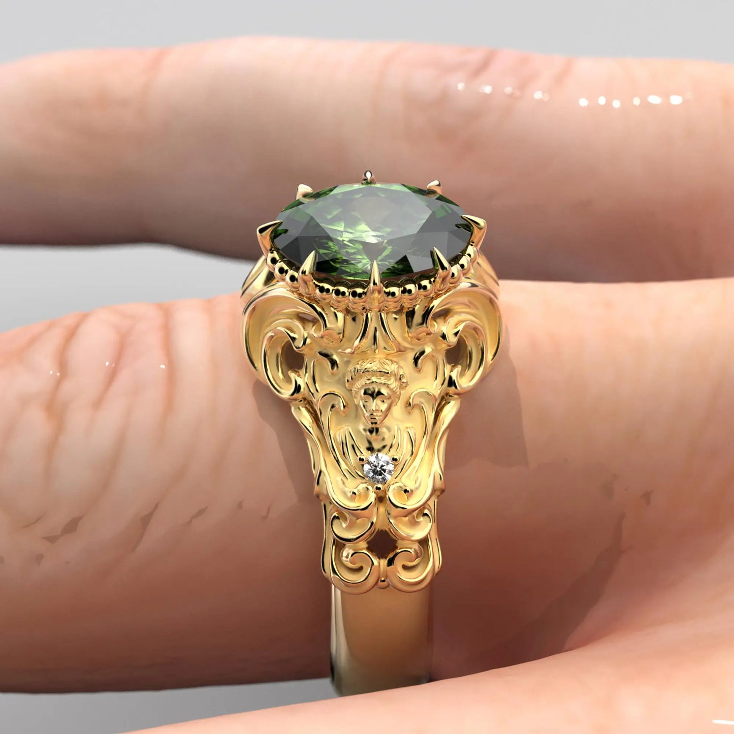 Side view of a green sapphire ring in 18K white gold, highlighting the detailed craftsmanship and prong setting