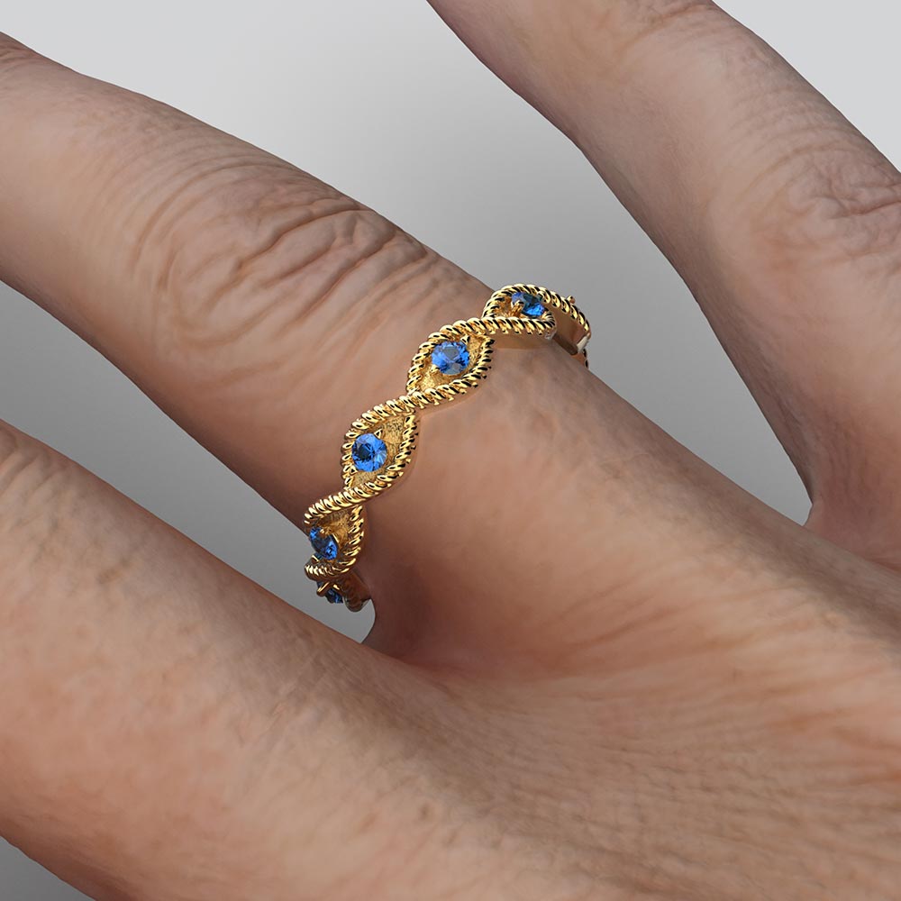 Eternity Gold Band with natural blue sapphire, made in Italy by Oltremare Gioielli in 14k or 18k solid gold