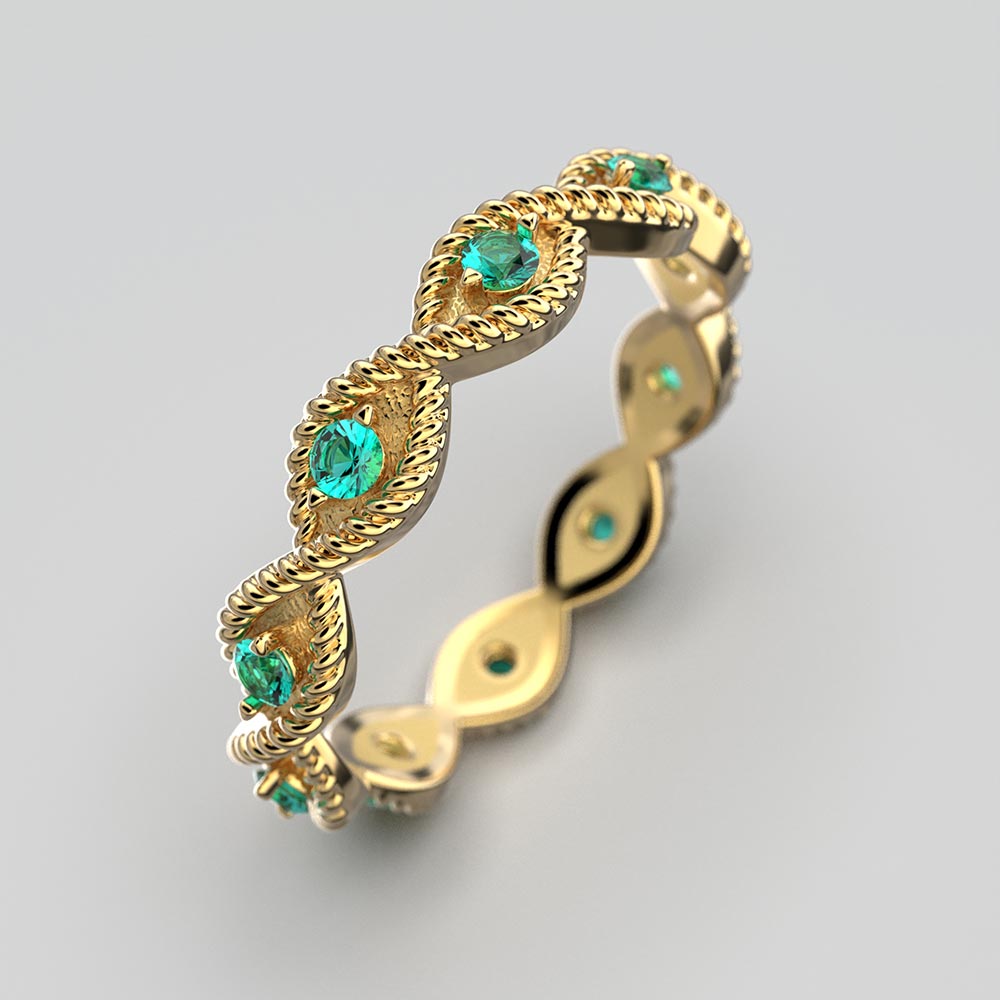 Eternity emerald gold band in 14k or 18k solid gold by Oltremare Gioielli made in Italy