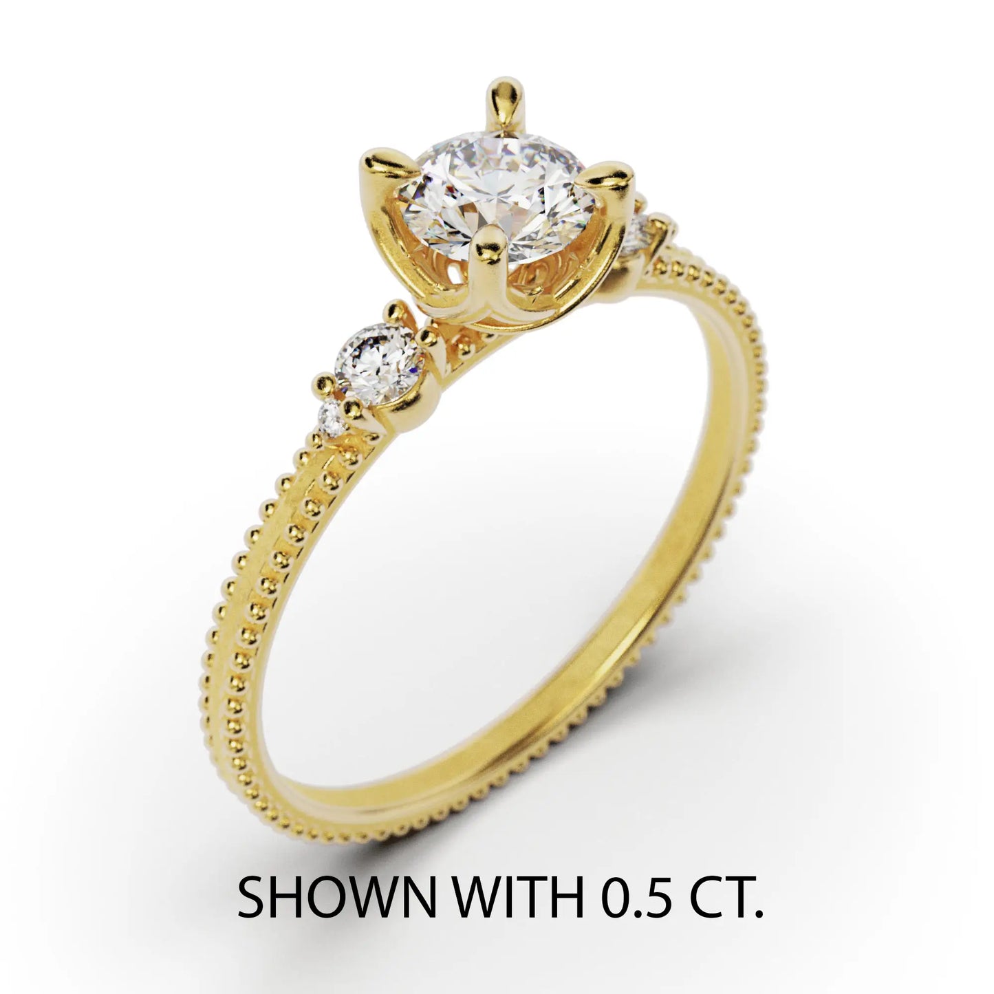 A solitaire diamond ring from the Amore collection, featuring a round-cut diamond in a Venetian-style four-pronged setting. The gold band, available in 14 or 18K, is detailed with milgrane and accented with four smaller diamonds, inspired by Venetian architecture’s timeless romance and artistry.