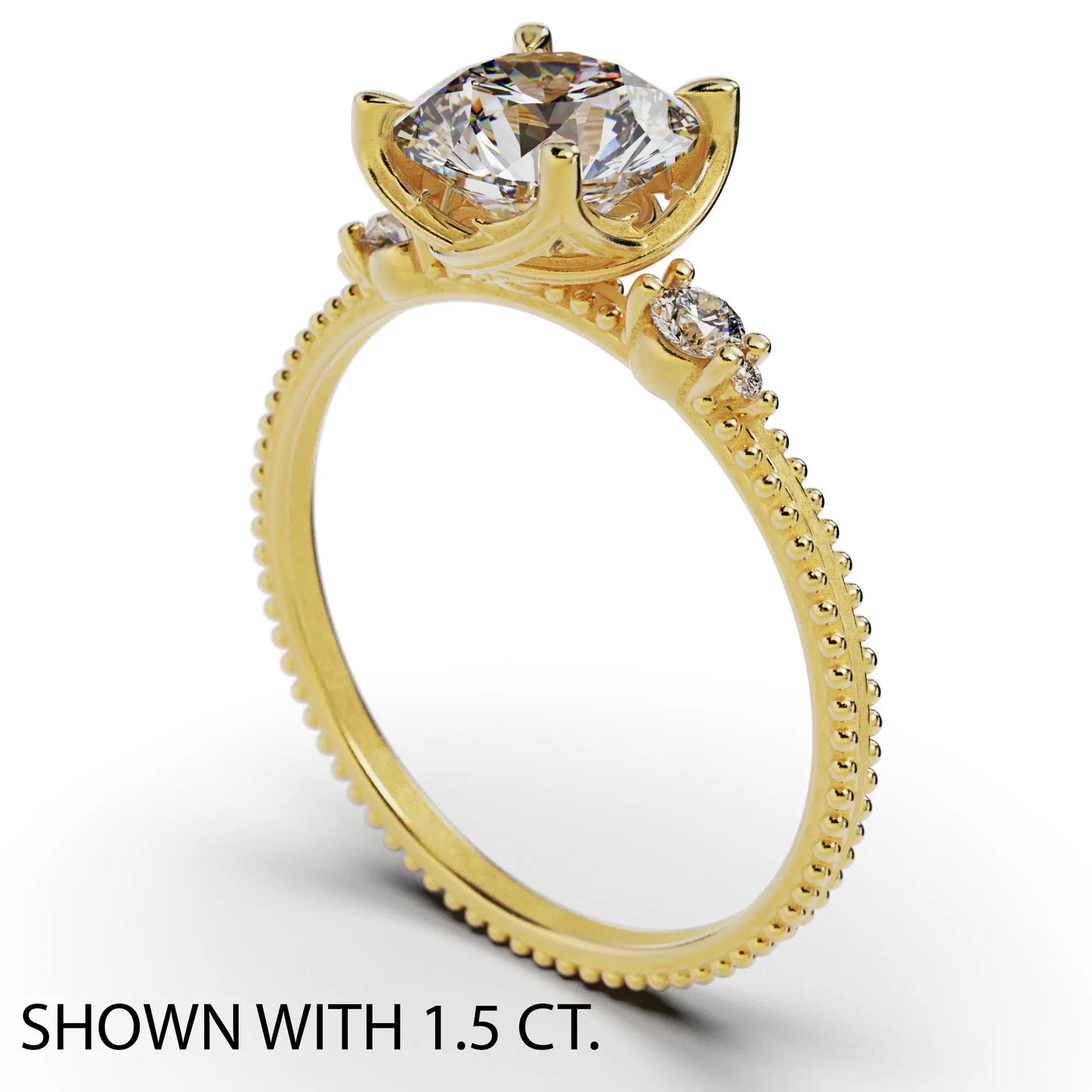 A solitaire diamond ring from the Amore collection, featuring a round-cut diamond in a Venetian-style four-pronged setting. The gold band, available in 14 or 18K, is detailed with milgrane and accented with four smaller diamonds, inspired by Venetian architecture’s timeless romance and artistry.