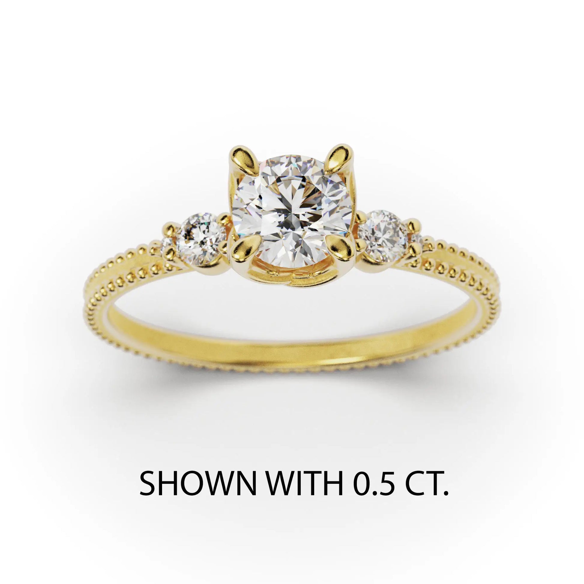 A solitaire diamond ring from the Amore collection, featuring a round-cut diamond in a Venetian-style four-pronged setting. The gold band, available in 14 or 18K, is detailed with milgrane and accented with four smaller diamonds, inspired by Venetian architecture’s timeless romance and artistry.