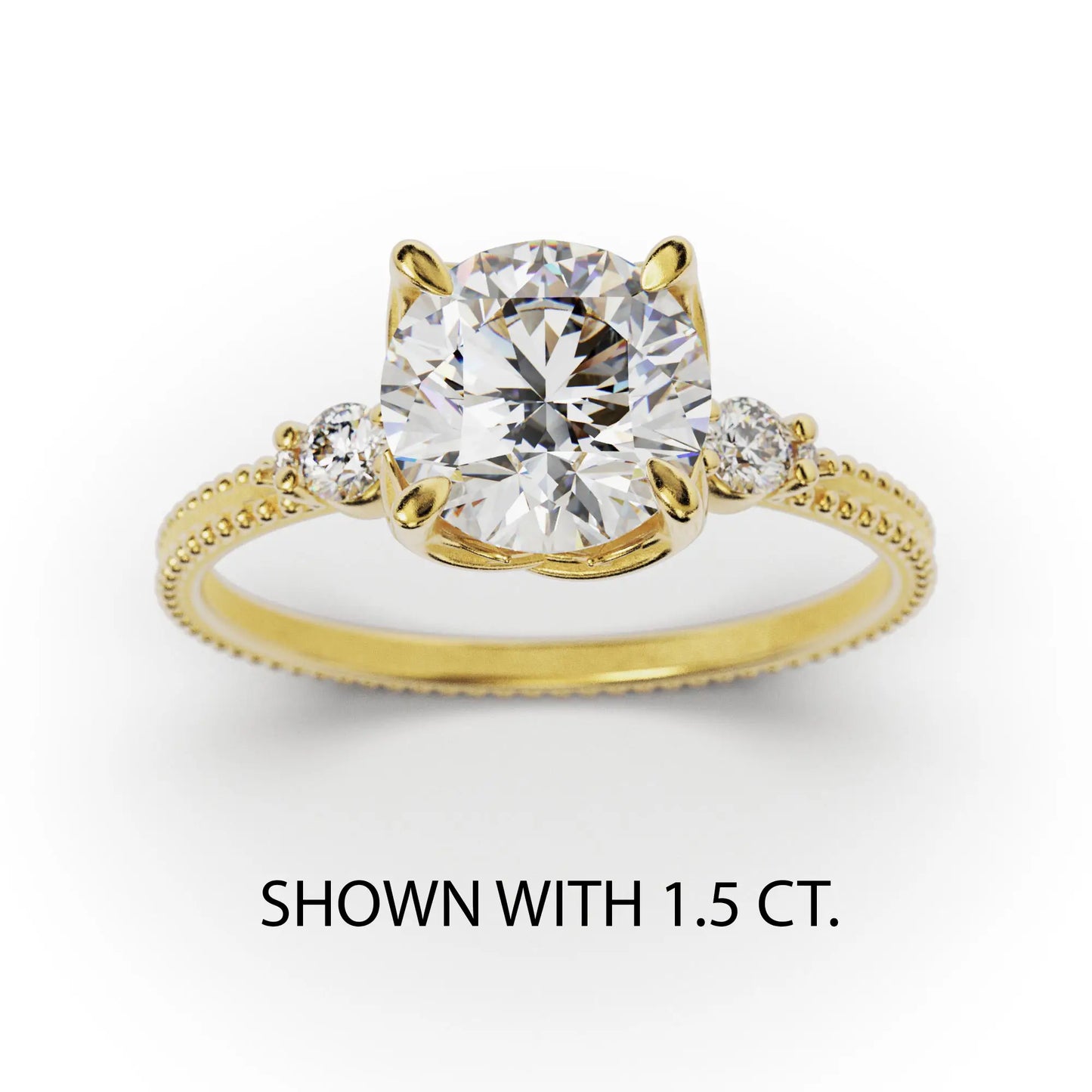 A solitaire diamond ring from the Amore collection, featuring a round-cut diamond in a Venetian-style four-pronged setting. The gold band, available in 14 or 18K, is detailed with milgrane and accented with four smaller diamonds, inspired by Venetian architecture’s timeless romance and artistry.