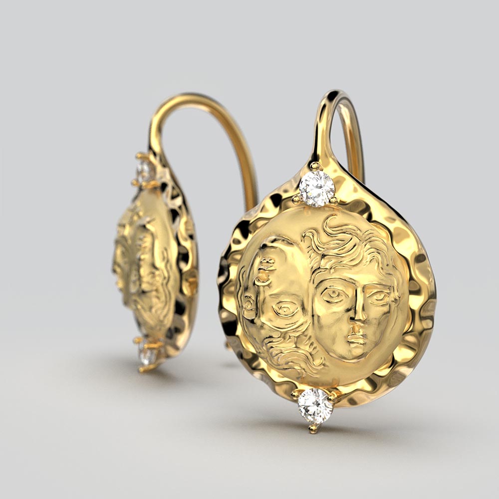 Ancient Greek Coin style Diamond Earrings - Oltremare Gioielli