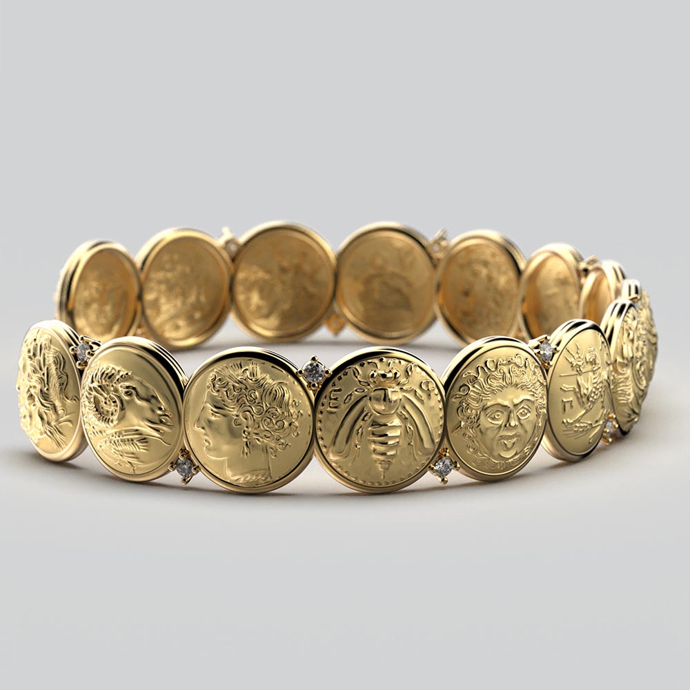 Diamonds Cuff Bracelet with Antique Coin Reproductions - Oltremare Gioielli