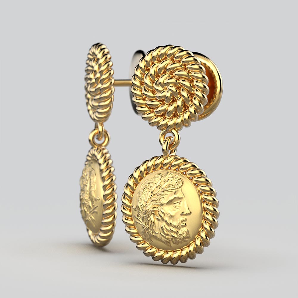 Zeus Coin Dangle Earrings in Ancient Greek Style - Oltremare Gioielli