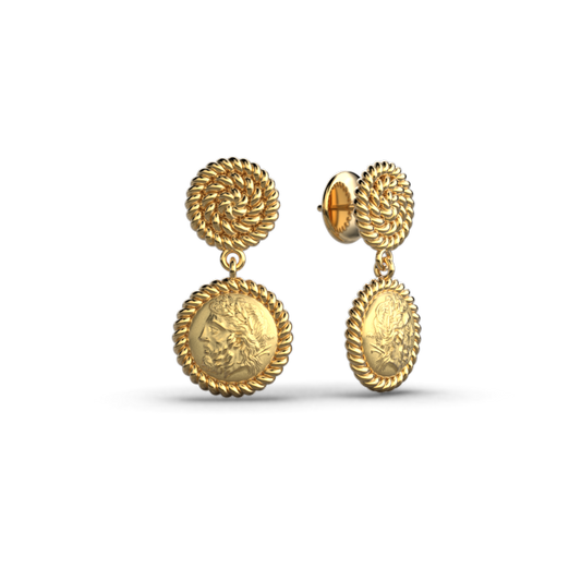 Zeus Dangle drop earrings in 14k or 18k gold made in Italy by Oltremare Gioielli, ancient Greek style earrings.