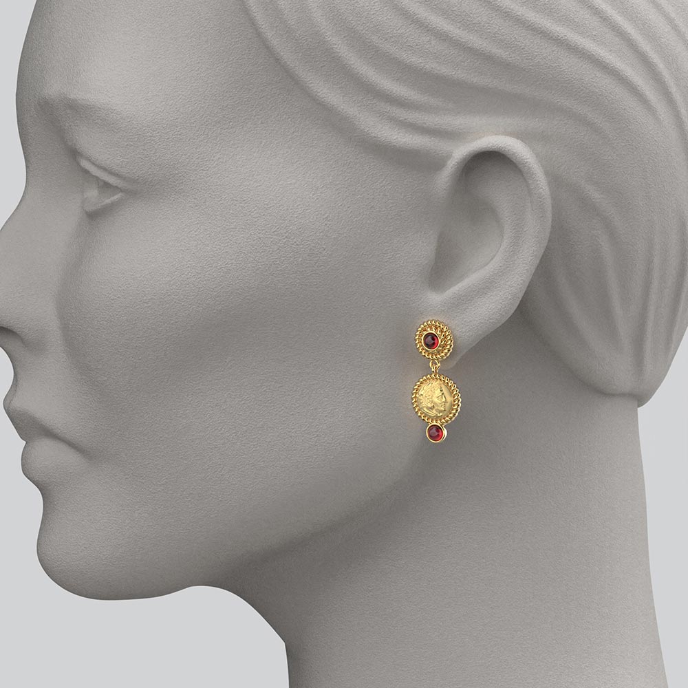 Italian Gold Garnet Earrings in Ancient Greek Style - Oltremare Gioielli