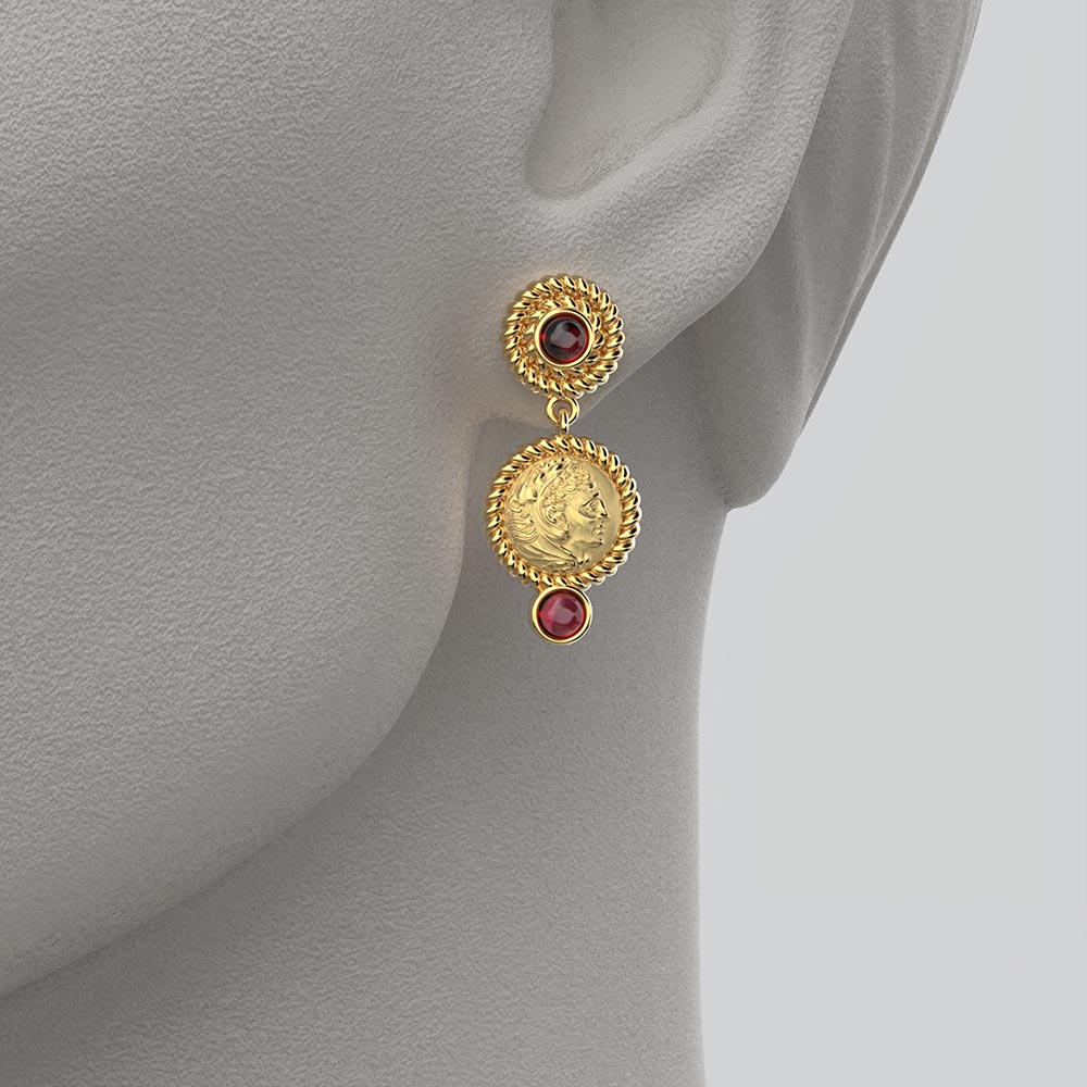 Italian Gold Garnet Earrings in Ancient Greek Style - Oltremare Gioielli