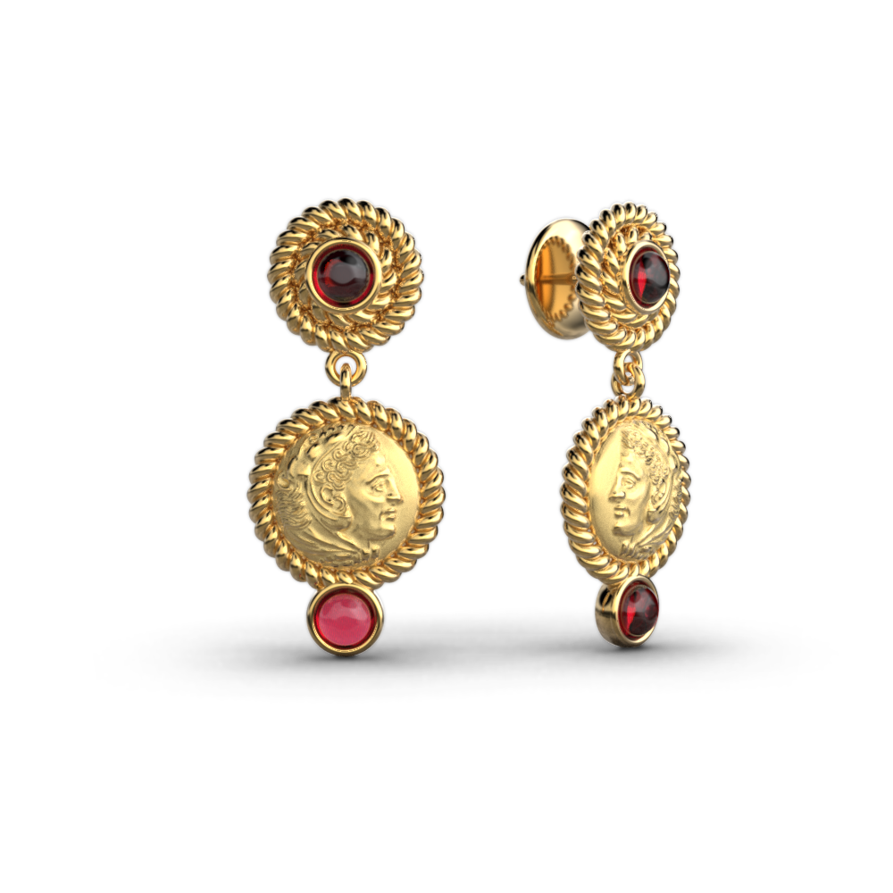 Italian Gold Garnet Earrings in Ancient Greek Style - Oltremare Gioielli