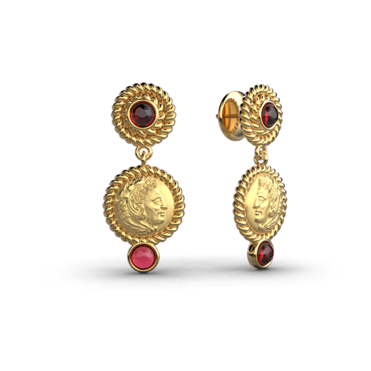 Italian Gold Garnet Earrings in Ancient Greek Style - Oltremare Gioielli